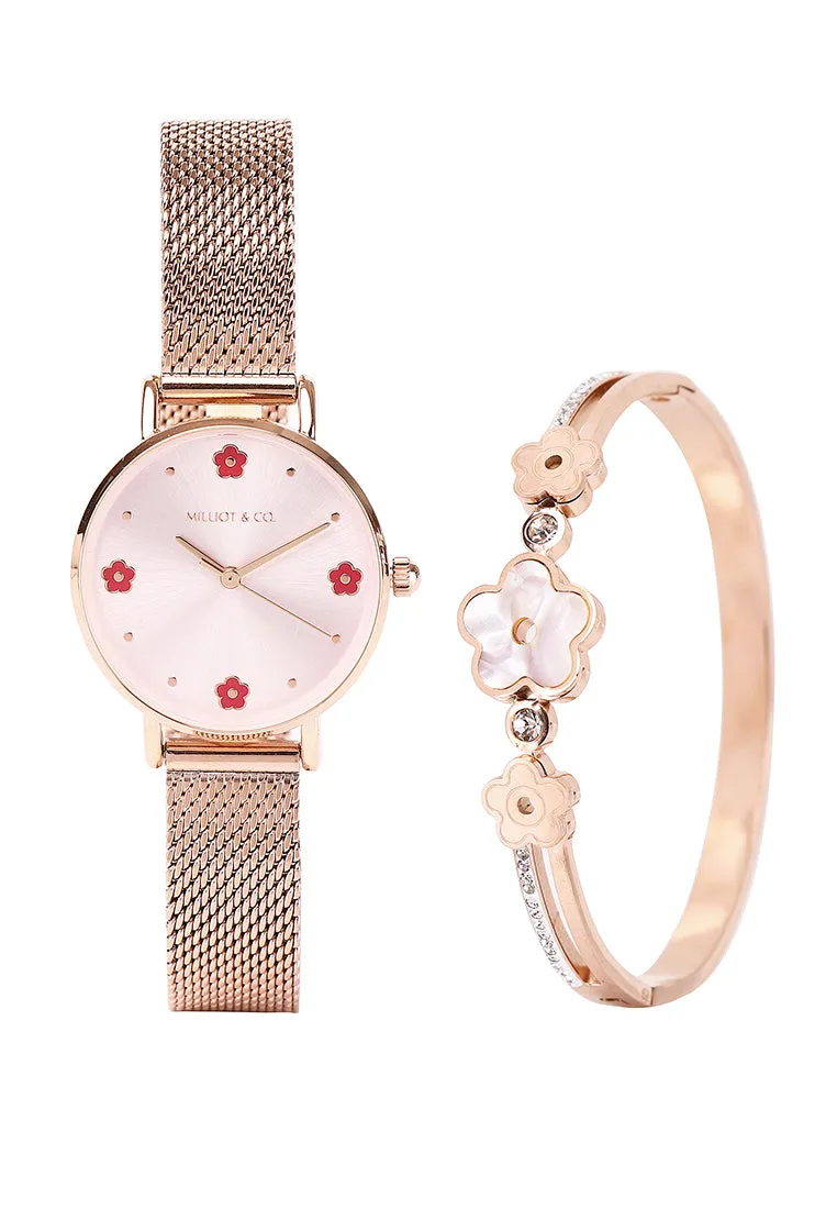 Susy Rose Gold Mesh Watch with Bangle Set  (Salmon)