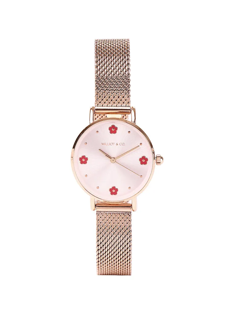 Susy Rose Gold Mesh Watch with Bangle Set  (Salmon)