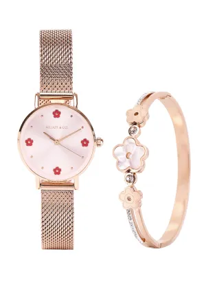 Susy Rose Gold Mesh Watch with Bangle Set  (Salmon)