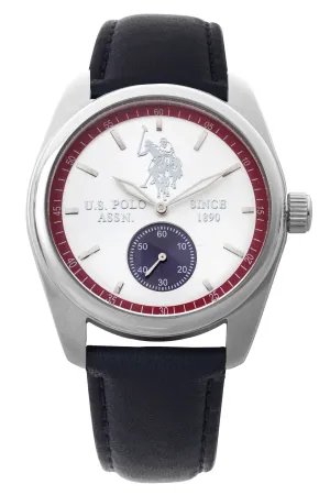 US POLO ASSN. MEN'S  BLUE LEATHER STRAP WITH WHITE&RED LOOPERS & S.S. BUCKLE