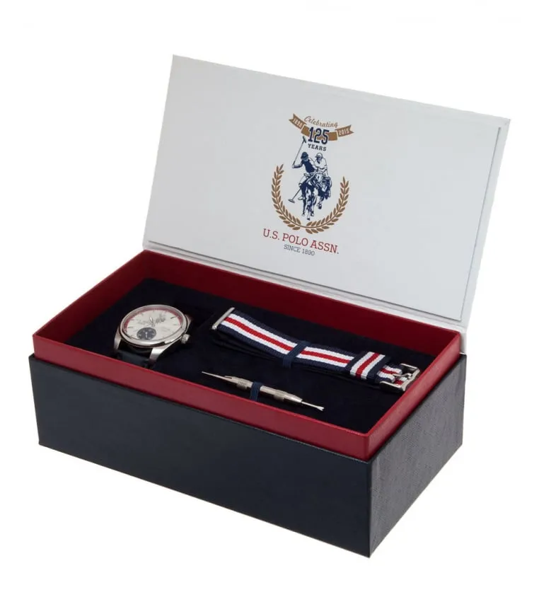 US POLO ASSN. MEN'S  BLUE LEATHER STRAP WITH WHITE&RED LOOPERS & S.S. BUCKLE