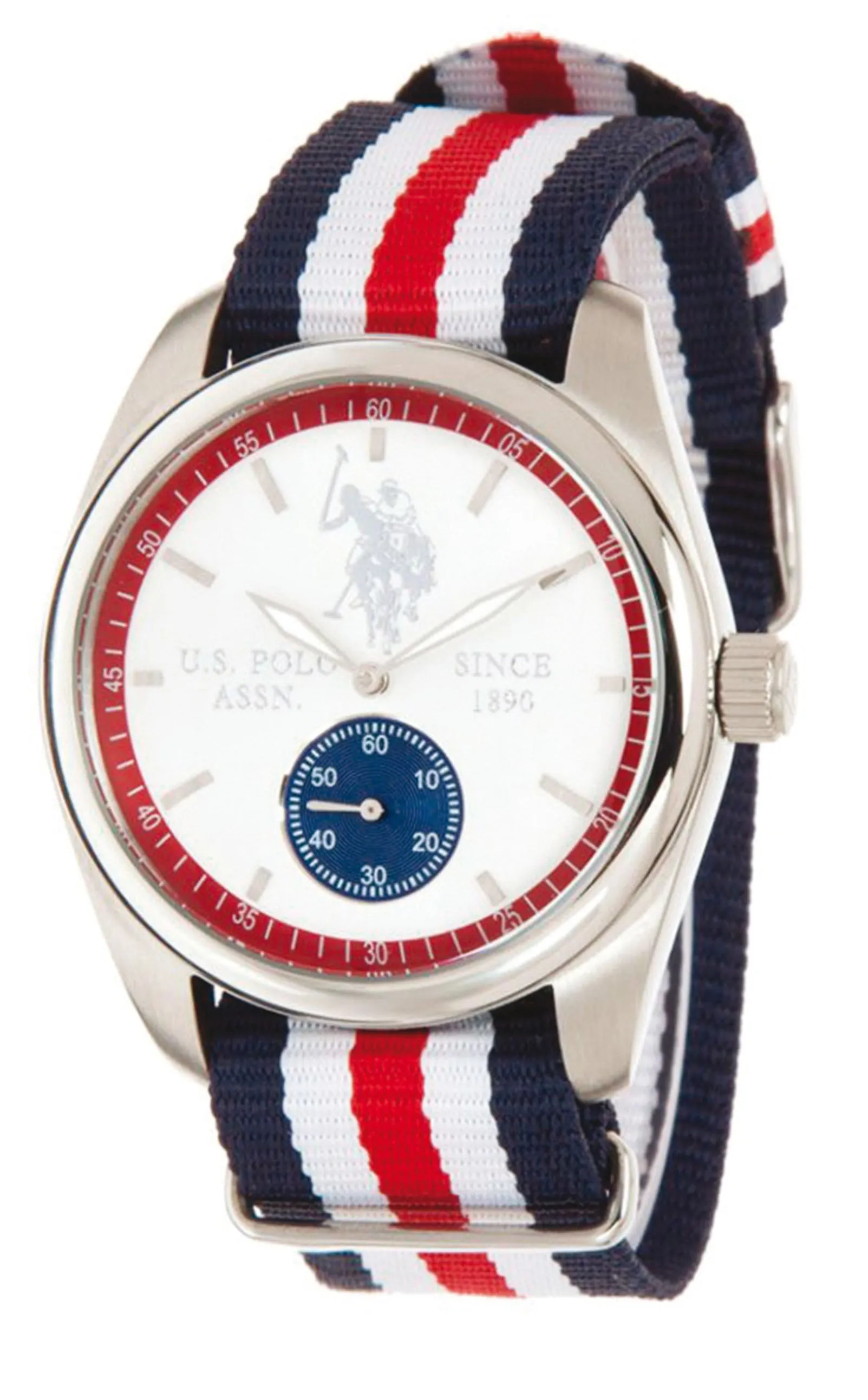 US POLO ASSN. MEN'S  BLUE LEATHER STRAP WITH WHITE&RED LOOPERS & S.S. BUCKLE