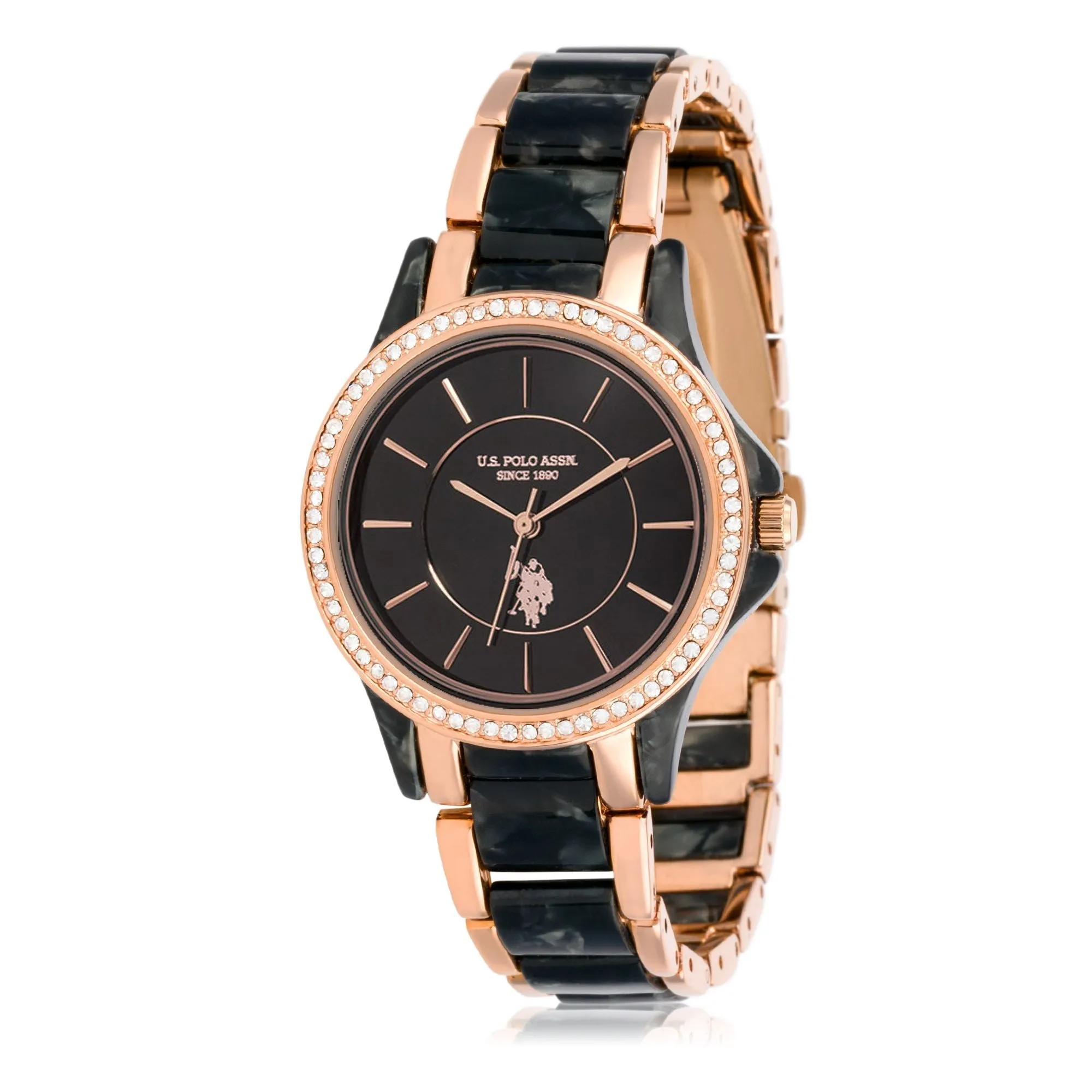 US POLO WOMEN'S BLACK RESIN BAND WITH ROSE GOLD PLATED METAL LINKS