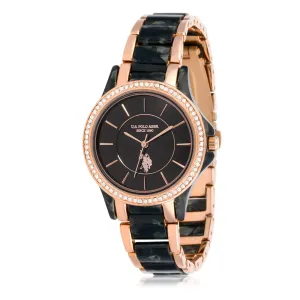 US POLO WOMEN'S BLACK RESIN BAND WITH ROSE GOLD PLATED METAL LINKS