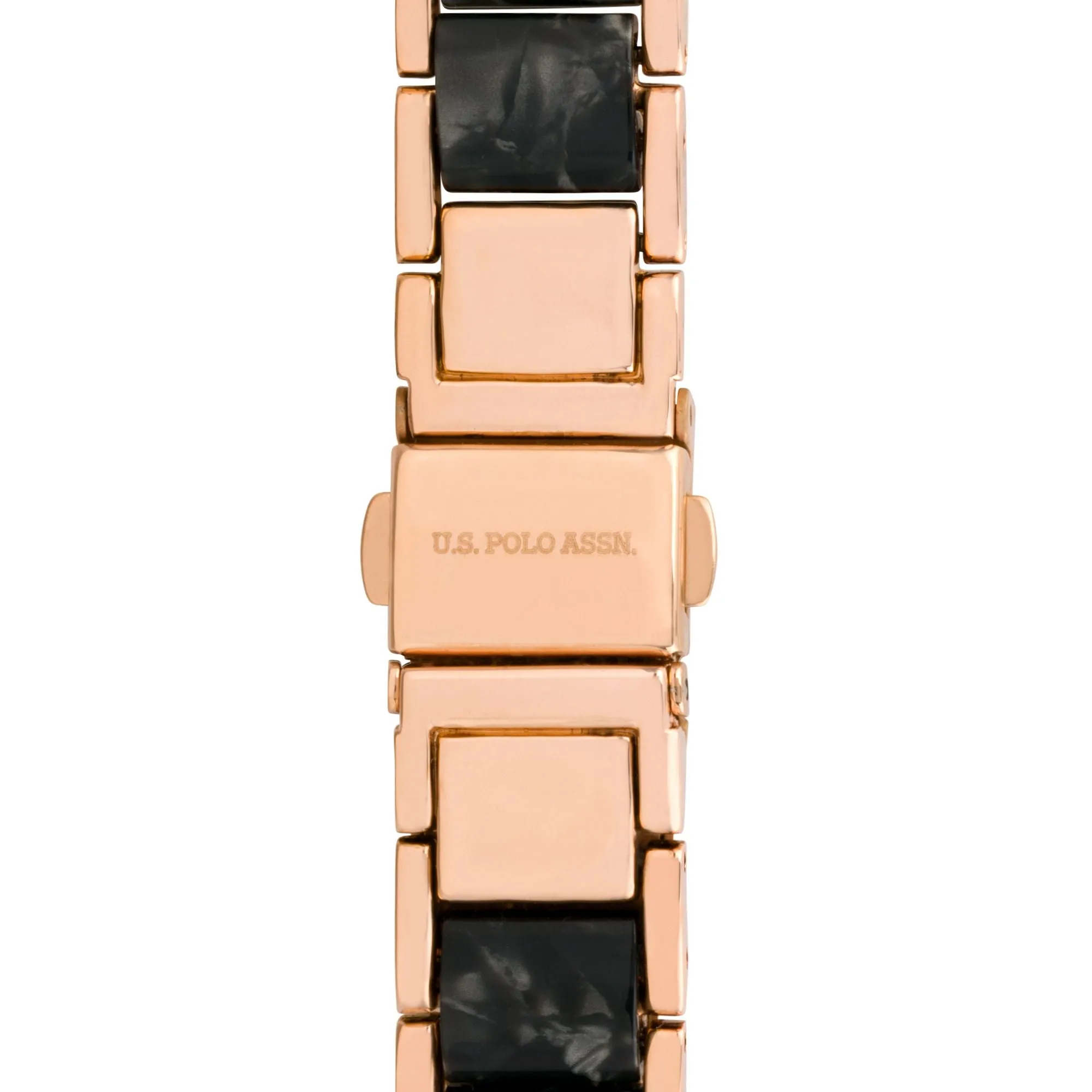 US POLO WOMEN'S BLACK RESIN BAND WITH ROSE GOLD PLATED METAL LINKS