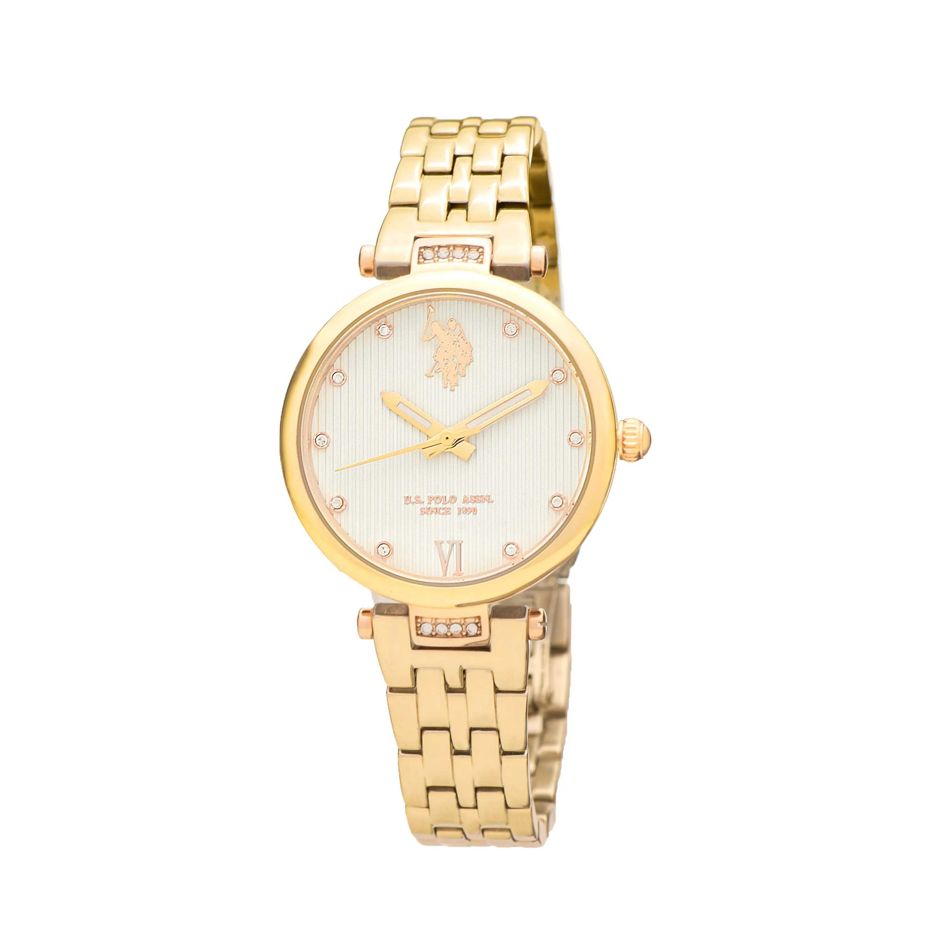 US POLO WOMEN'S STAINLESS STEEL BAND WITH GOLD PLATING & PERSONALIZED BUCKLE