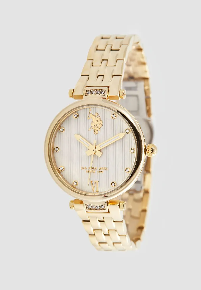 US POLO WOMEN'S STAINLESS STEEL BAND WITH GOLD PLATING & PERSONALIZED BUCKLE