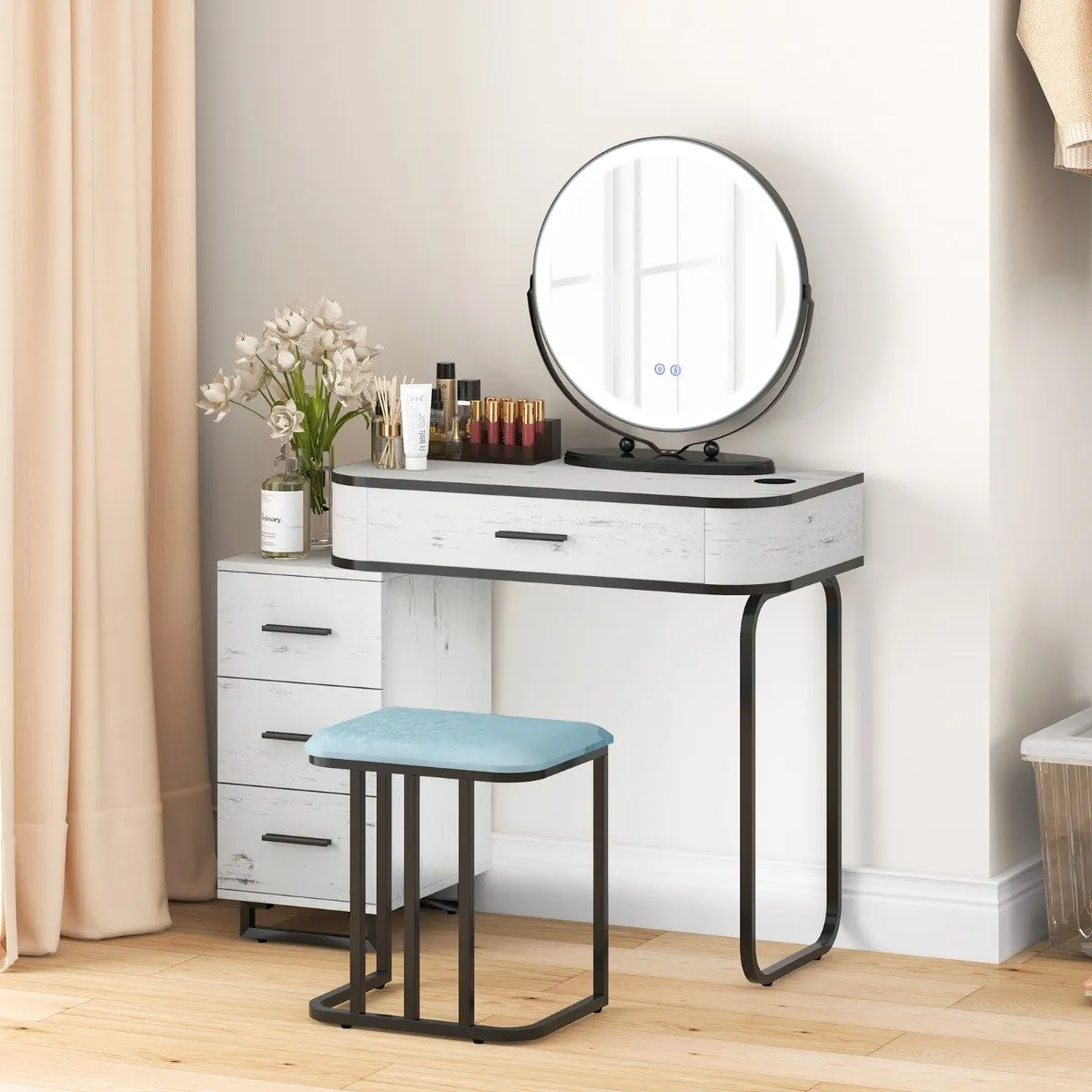 Vanity Table and Stool Set with 3-Color Touch Screen Lighted Swivel Mirror-White