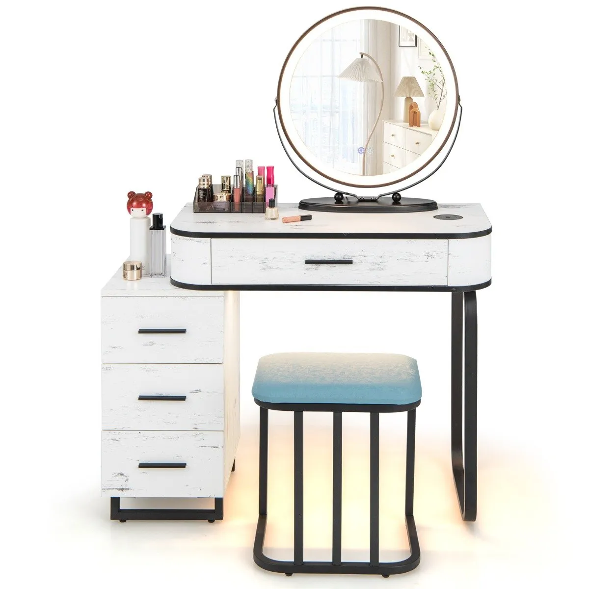 Vanity Table and Stool Set with 3-Color Touch Screen Lighted Swivel Mirror-White