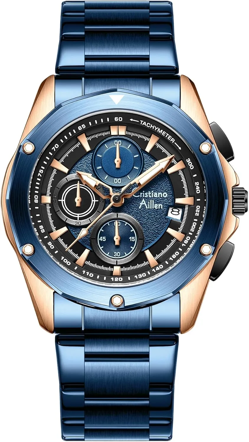 Watches for Men Waterproof Stainless Steel Analog Quartz Chronograph with Luminous, Date, Fashion Casual Sport Business Work Dress Mens Wrist Watch Luxury Gift