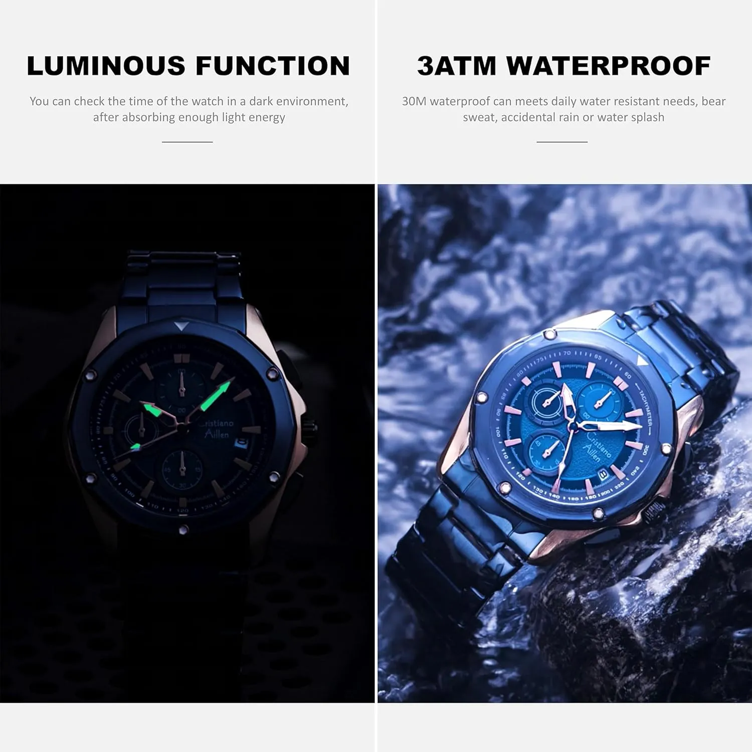 Watches for Men Waterproof Stainless Steel Analog Quartz Chronograph with Luminous, Date, Fashion Casual Sport Business Work Dress Mens Wrist Watch Luxury Gift