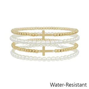 Water Resistant Set of 4 Cross and Pearl Beaded Stretch Bracelets