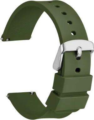 WOCCI 20mm Silicone Watch Band, Quick Release Rubber Replacement Strap with Silver Stainless Steel Buckle (Military Green)